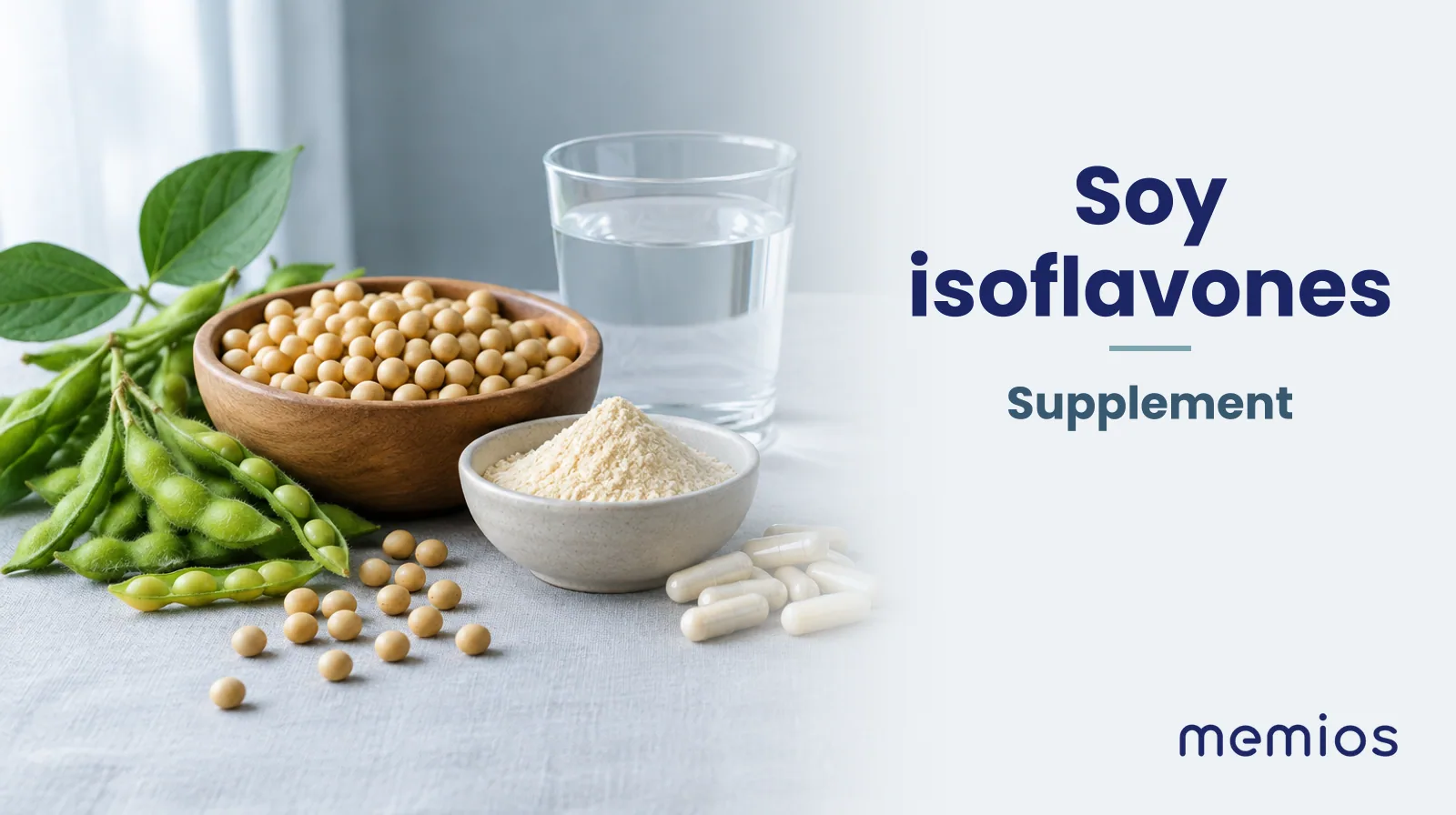 Photograph for Soy isoflavones: its natural source and a bowl of powder or capsules on pale linen.
