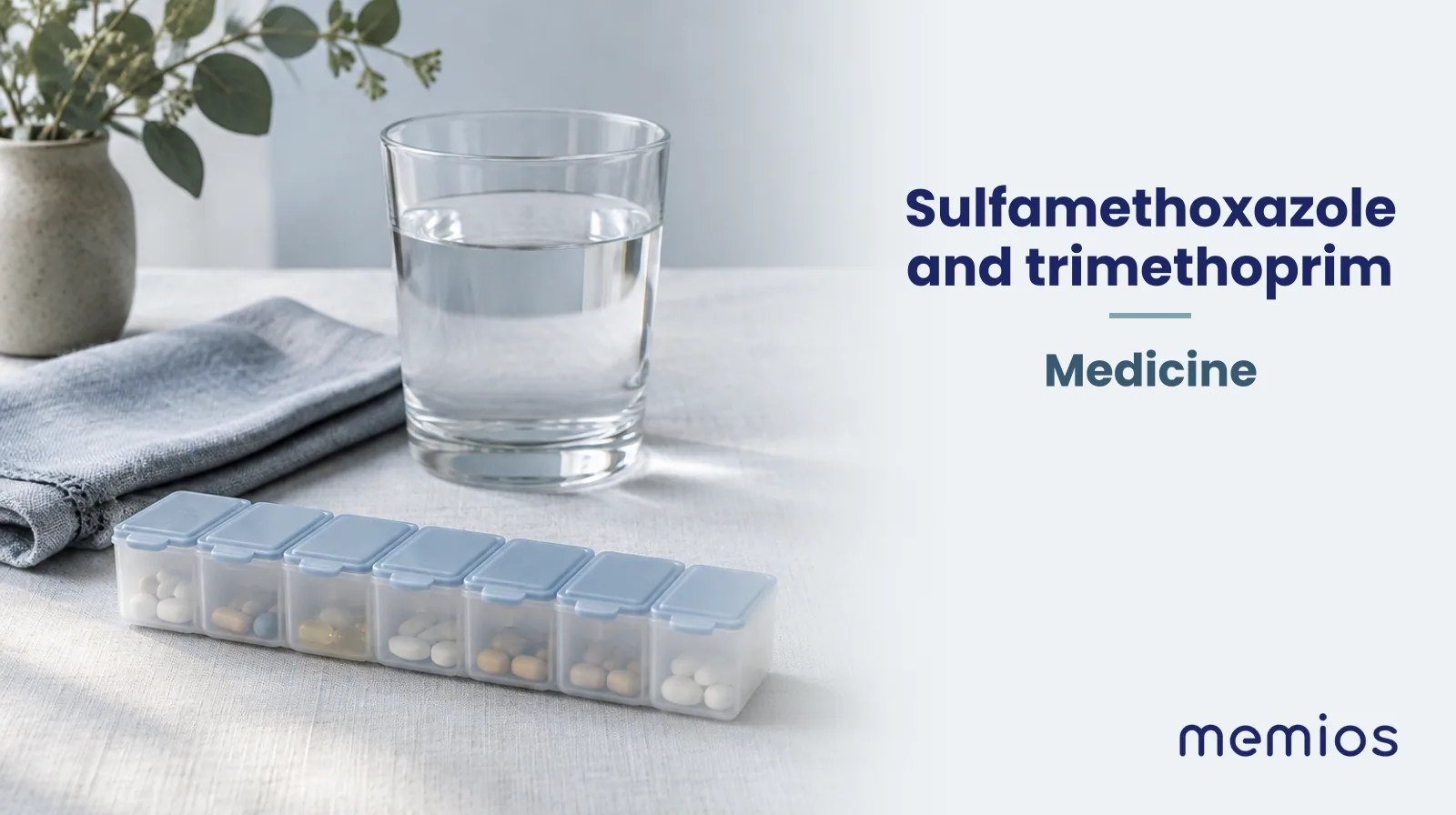 Photograph for Sulfamethoxazole and trimethoprim: plain unmarked tablets in a dish beside a glass of water on pale linen.