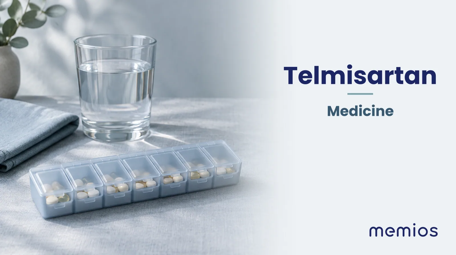 Photograph for Telmisartan: plain unmarked tablets in a dish beside a glass of water on pale linen.