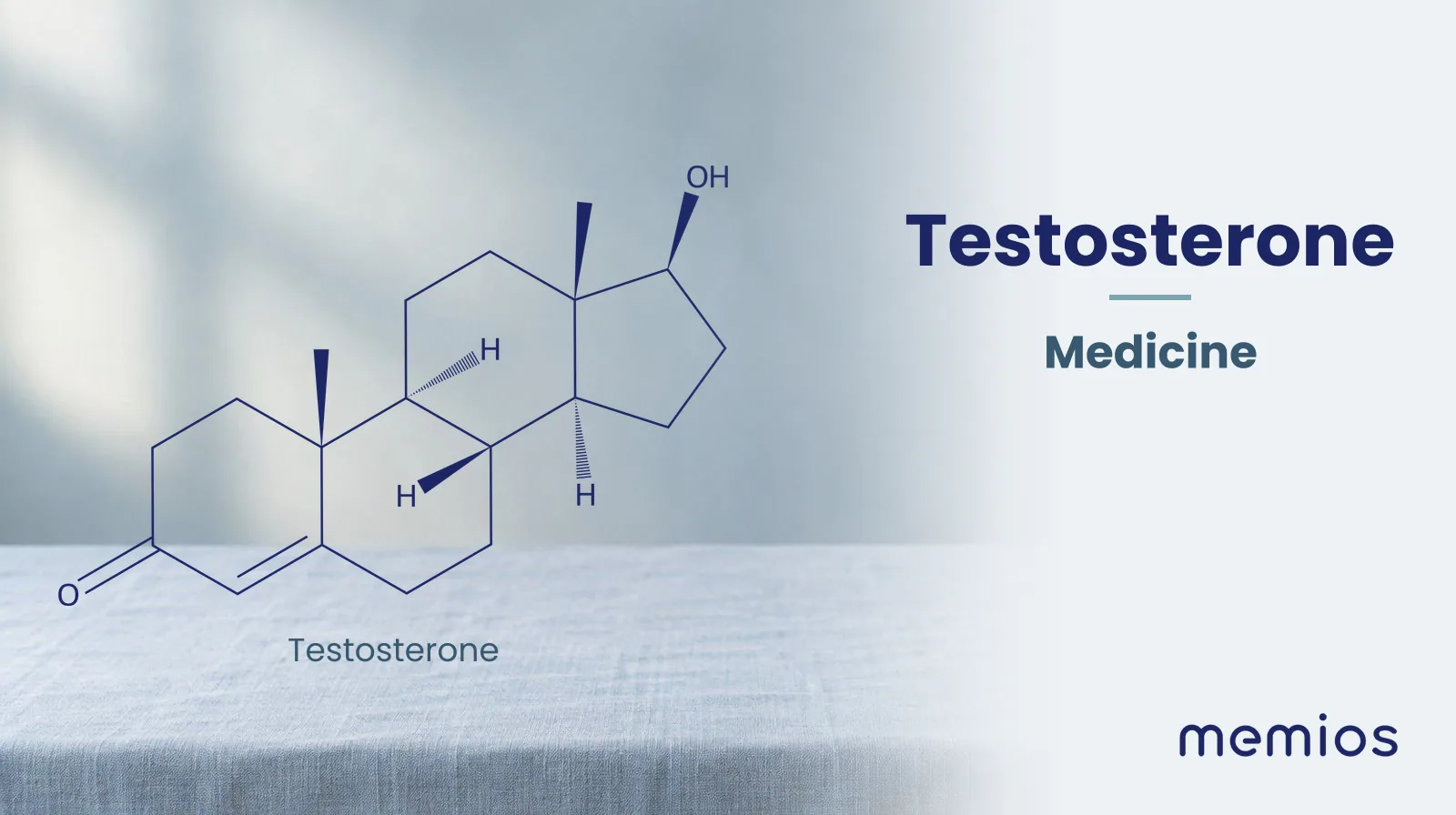 Chemical structure of Testosterone, drawn in navy on pale linen.