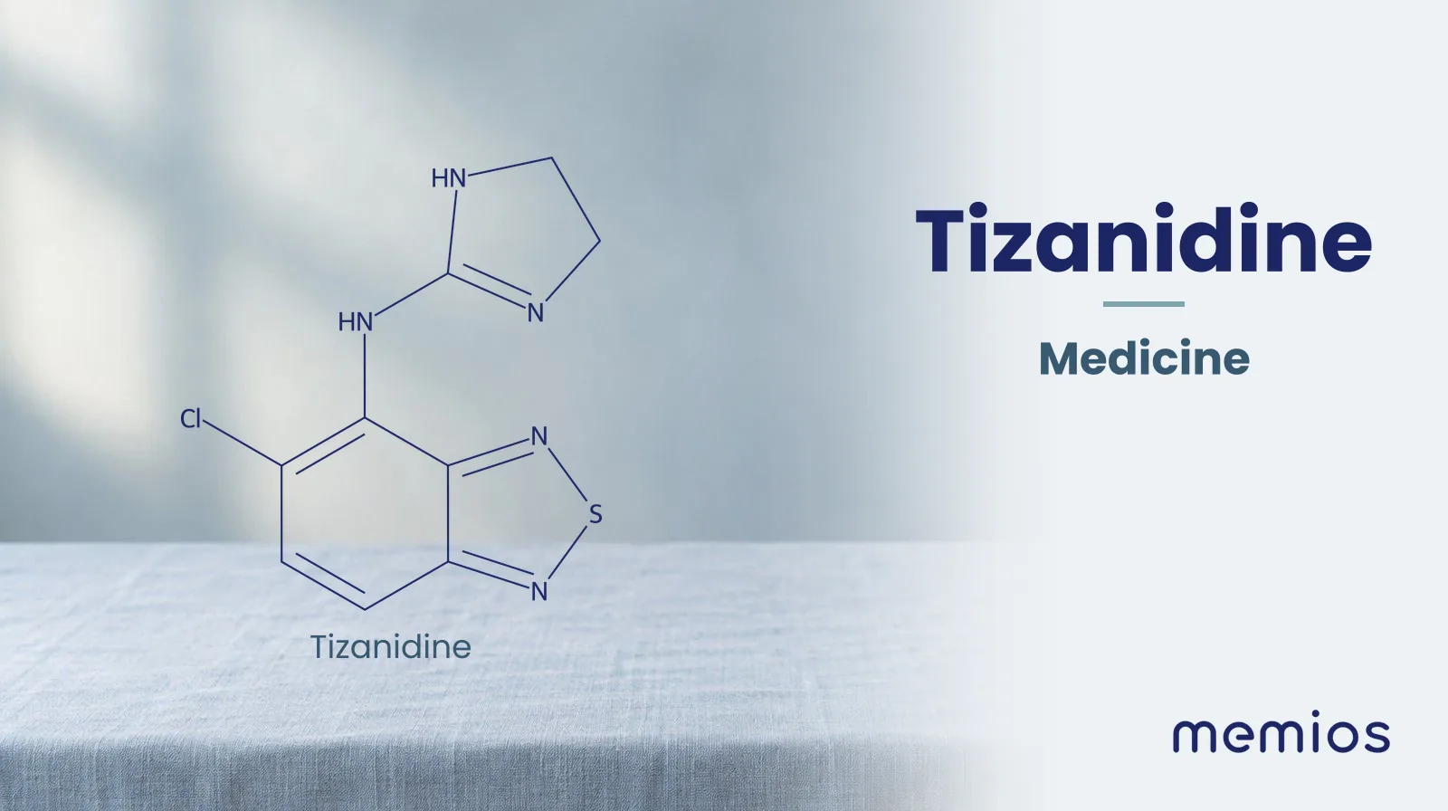 Chemical structure of Tizanidine, drawn in navy on pale linen.