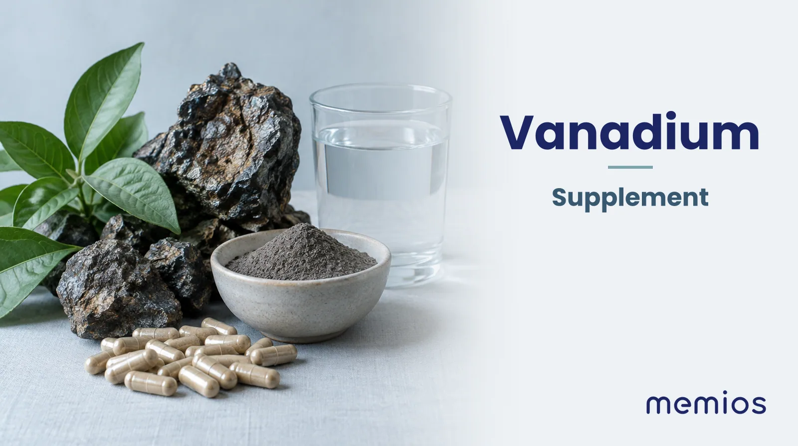 Photograph for Vanadium: its natural source and a bowl of powder or capsules on pale linen.