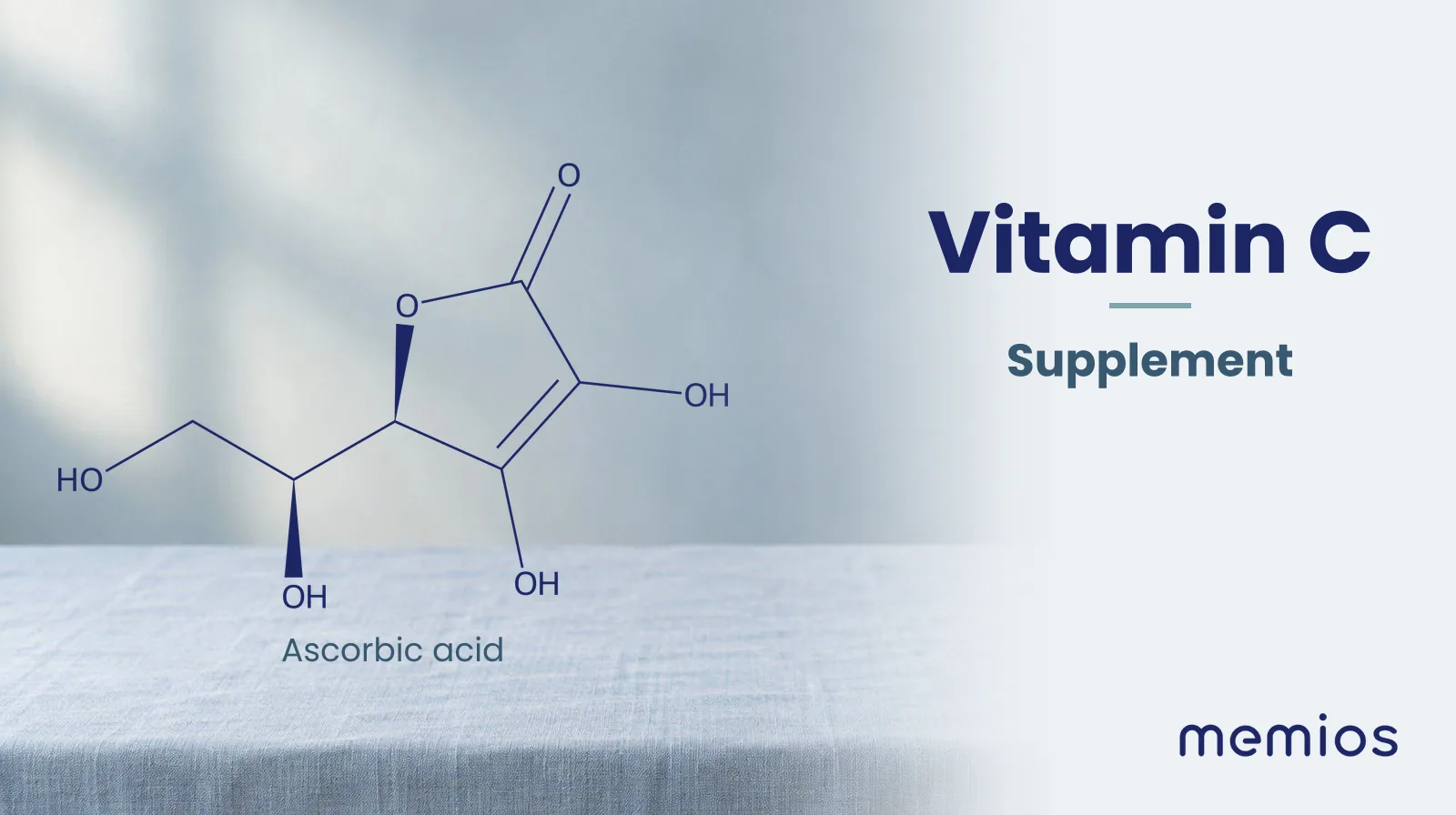 Chemical structure of Ascorbic acid, drawn in navy on pale linen.