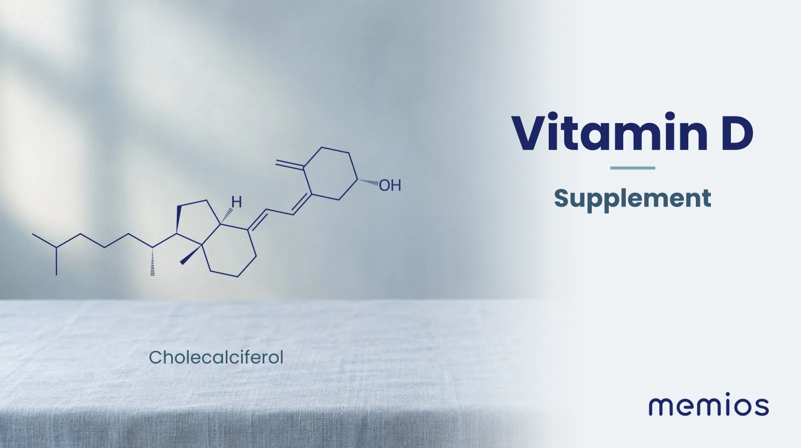 Chemical structure of Cholecalciferol, drawn in navy on pale linen.