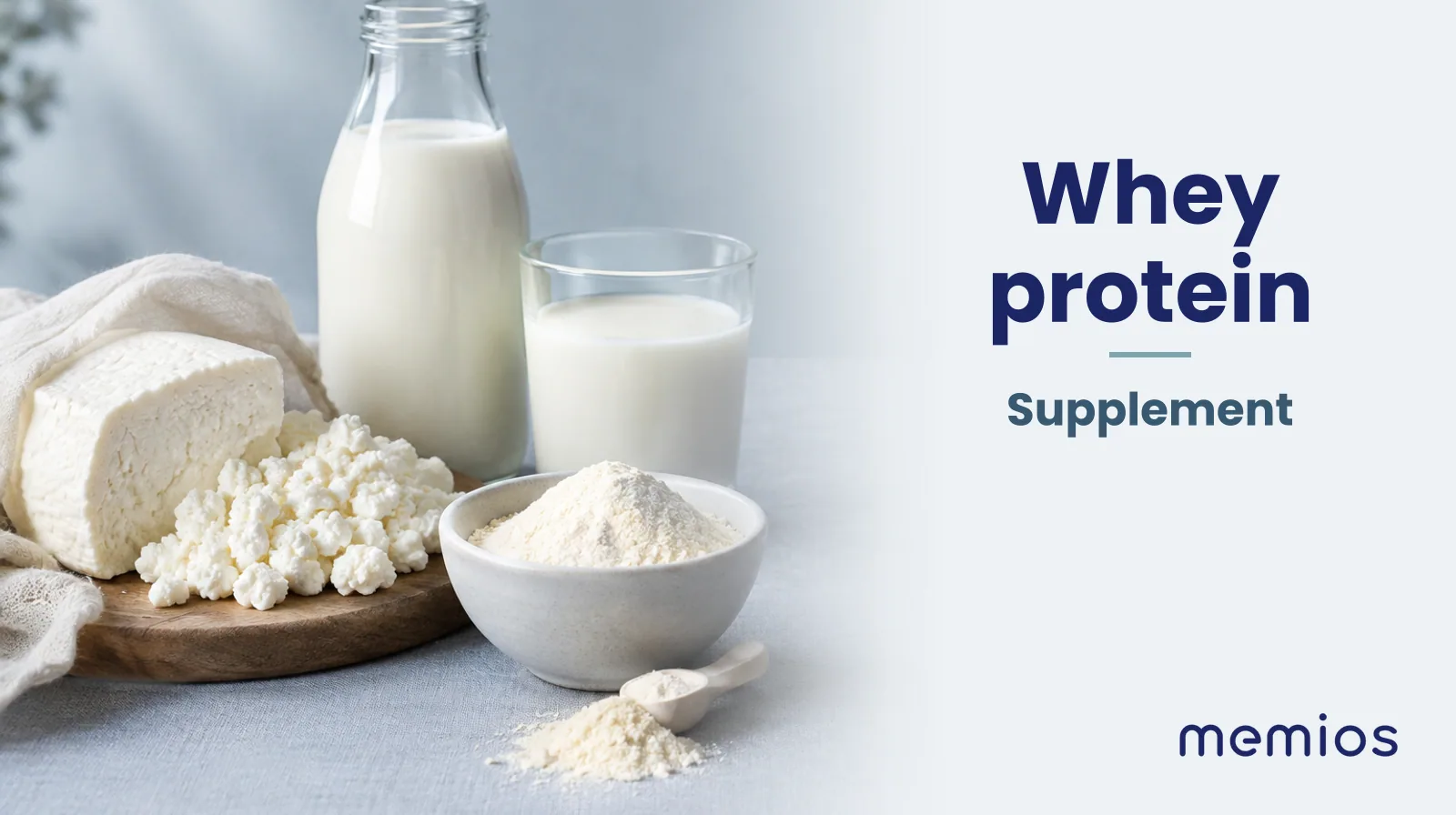 Photograph for Whey protein: its natural source and a bowl of powder or capsules on pale linen.