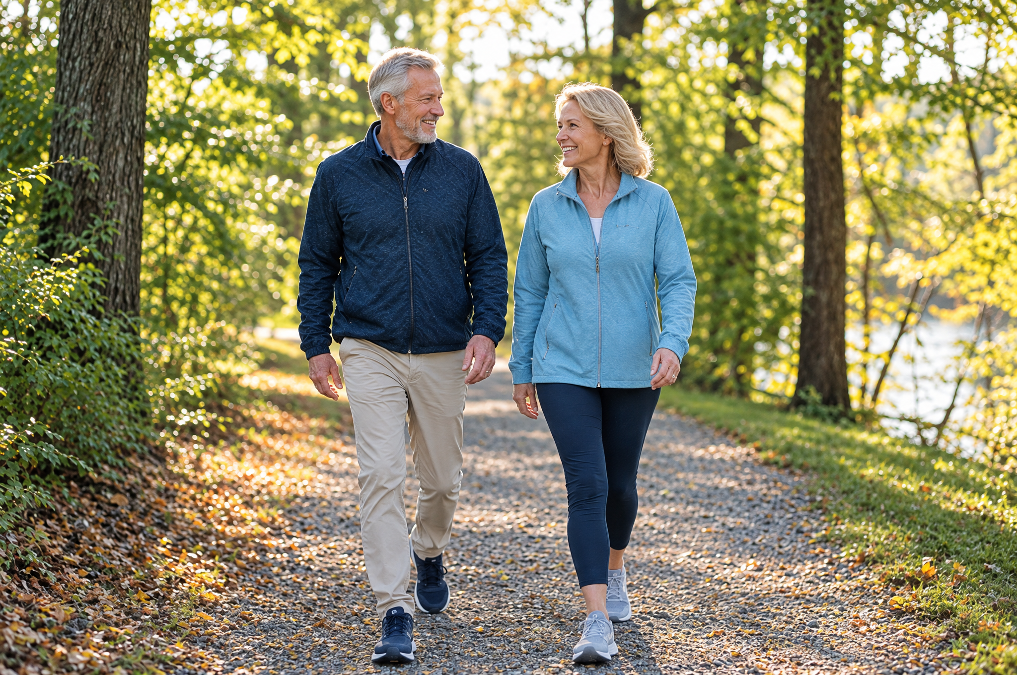 A couple in their sixties walking together on a tree-lined park trail in the morning